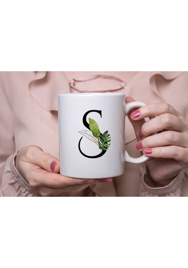 S Harf Zarif Yaprak Desenli Kupa Bardak - Naturel Sade Alfabe Harfli Bardak - Kişiye Özel Hediye Beyaz