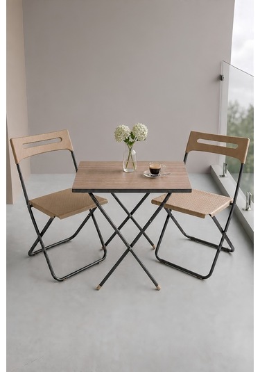 İronika Bahçe Balkon Teras Mutfak 3'lü Bistro Set Katlanır Masa Sandalye Takımı Krem