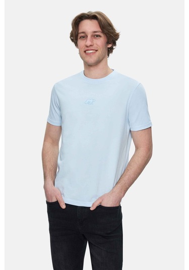 Fabıo Gök Mavi Bisiklet Yaka Baskılı Standard Fit Erkek Tshirt Gök Mavi