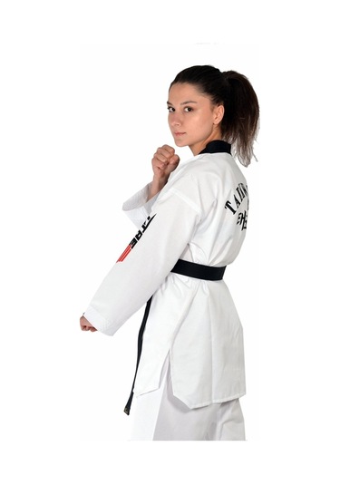 Haşado Fitilli Siyah Yaka Taekwondo Elbisesi Beyaz