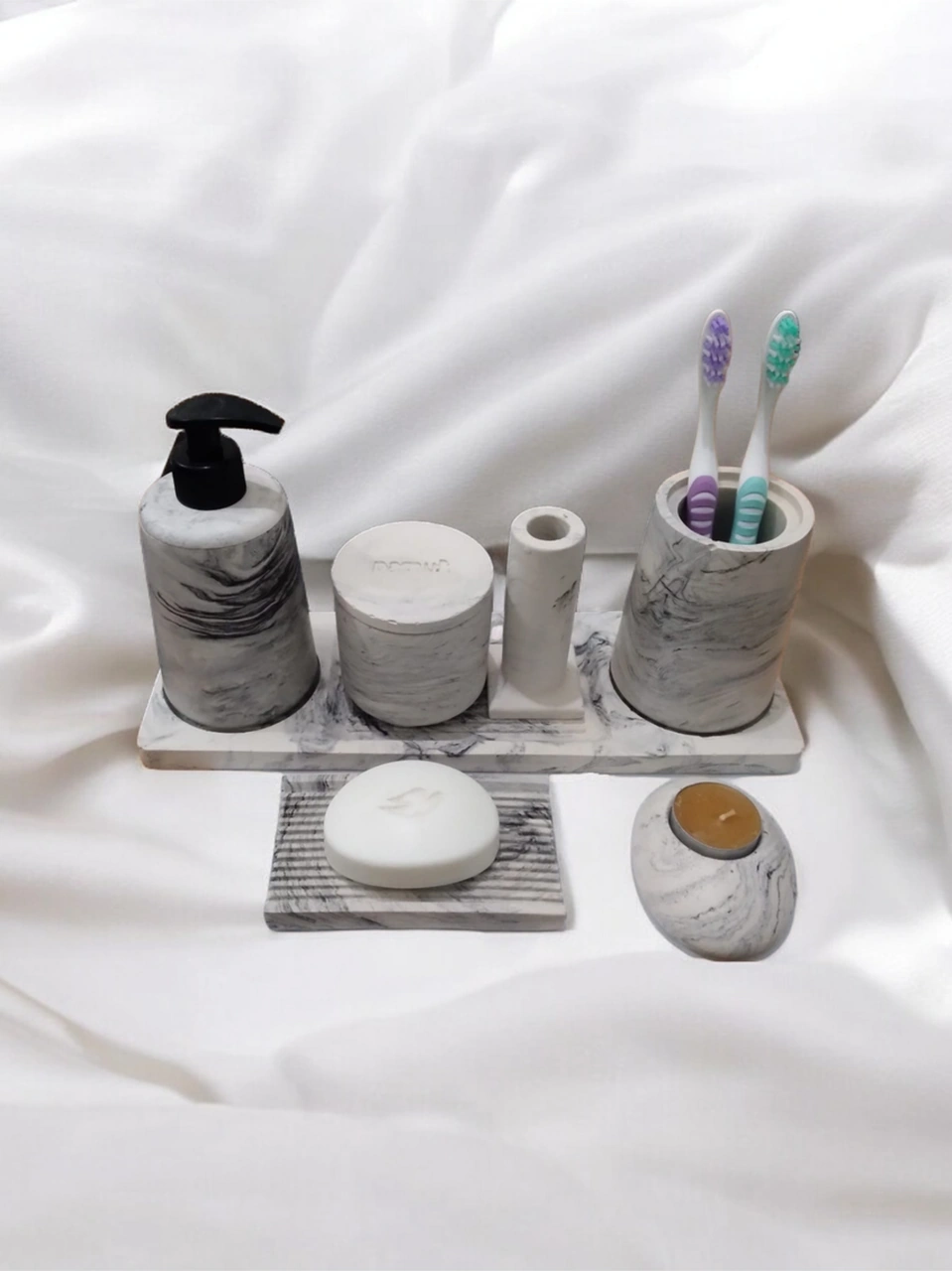 7'li Mermer Desenli Banyo Seti,sıvı Sabunluk Diş Fırçalığı Beton Aksesuar Takım Gri
