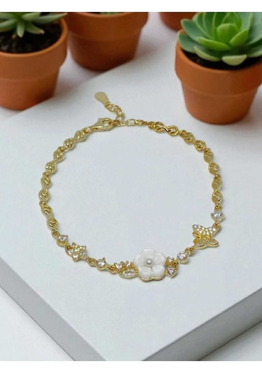 925 Ayar Gümüş Zarif Çiçek Ve Kelebek Figürlü Taşlı Kadın Bileklik Gümüş