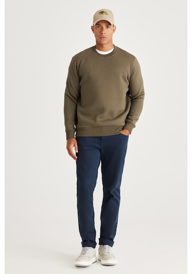 AC&Co / Altınyıldız Classics Erkek Hakı Standart Fit Normal Kesim İçi Polarlı Bisiklet Yaka Sweatshirt Haki