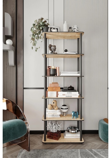 6 Katlı Dekoratif Diktörtgen Kitaplık Meşe Meşe