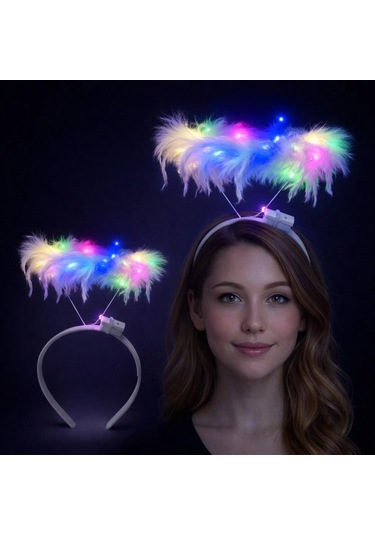 Renkli Led Işıklı Beyaz Tüylü Püsküllü Parti Tacı 13+