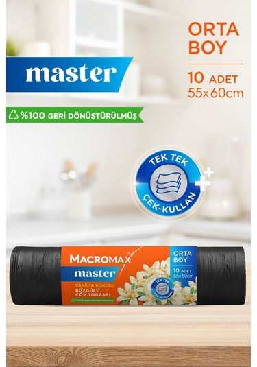 Master Büzgülü Çöp Torbası Orta Boy 55x60cm Vanilya Kokulu 10 Adet Süper Ekonomik Paket