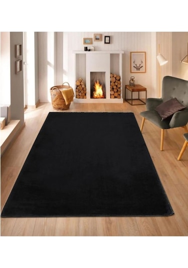 Raschel Carpet Siyah Lüks Raschel Kaymaz Taban Peluş Halı Yolluk Siyah
