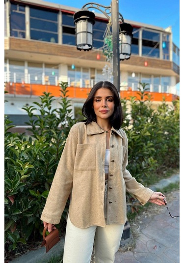 Kadın Camel Uzun Kol, Çift Cepli, Eteği Oval Kesim, Kaşe Gömlek Ceket CAMEL