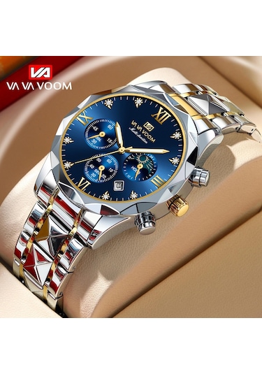 Va Va Voom Kuvars İzle Erkekler Üst Marka Yüksek Kalite Paslanmaz Çelik 30 M Su Geçirmez Aydınlık Tarih Hafta Spor İş Kol Saatleri Gümüş & Mavi