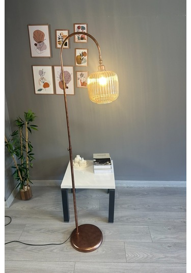 Mopa Bal Rengi Cam Lambader Patina Gövde Dekoratif Metal Oturma Odası Zemin Lambası Natural