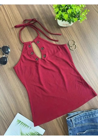 Leyla Sanat Sanata Yeni Bir Bakış Açısı Kadın Askılı Kuş Gözü Ve Dekolte Detay Boyundan Bağlamalı Viskon Bluz Bordo