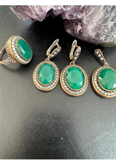 Otantik Yeşim Ve Zirkon Taşlı Gümüş Set Takım 925 Ayar