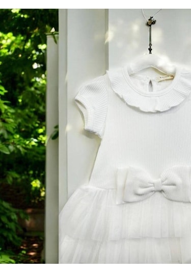 Zekids Kız Çocuk Fitilli Tütülü Elbise-14525 Beyaz