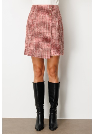 Ekol Kadın Süs Düğmeli Mini Tüvit Etek 5047 Kırmızı Kırmızı