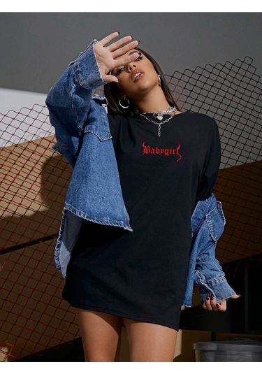 Kadın Siyah Oversiz Baby Girl Baskılı Örme T-shirt Siyah