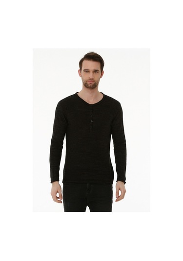 Heyss Bisiklet (Sosis) Yaka Düğmeli Erkek Triko Kazak Siyah