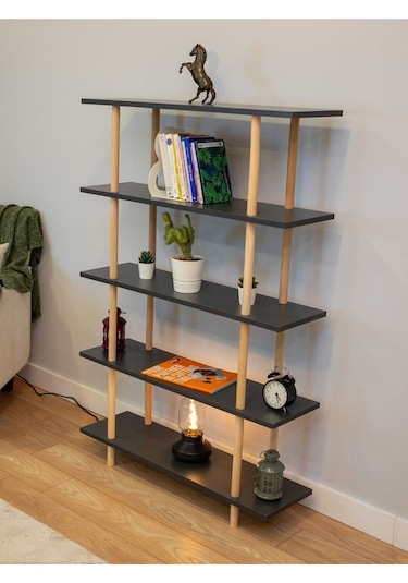 5 Raflı Modern Dekoratif Kitaplık Klasörlük Mutfak Rafı Kiler Çok Amaçlı Düzenleyici Raf - Antrasit
