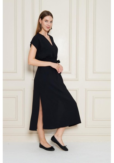 Kadın Kruvaze Yaka Cepli Derin Yırtmaçlı Beli Lastikli Aerobin Günlük Yazlık Elbise 3764341 Siyah