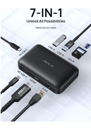 Jsaux Mp02 7in1 Type-c Pd Hub 100w Şarj Hdmı 2 X Usb 3.0 Sd Tf Kart Okuyucu Rj45 + Kablo Seti Dönüştürücü Çevirici Adaptör Hub