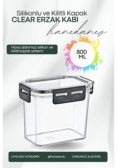 Clear Dikdörtgen Erzak Kabı - Silikonlu Ve Kilitli Kapaklı Saklama Kabı 800 Ml 14 X 11,5 Cm ŞEffaf
