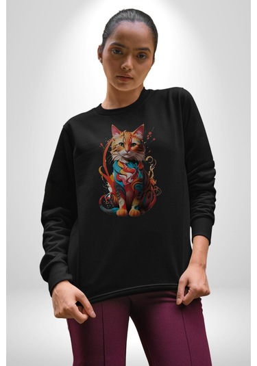 Renkli Yağlı Boya Kedi Unisex Siyah Baskılı Sweatshirt Siyah