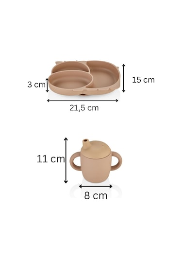 2'li Silikon Bebek Beslenme Seti / Bölmeli Mama Tabağı / Bebek Bardağı - Moka Mocca