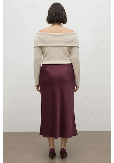 Myline Saten Midi Etek Bordo