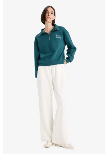 Defacto Regular Fit Yarım Fermuarlı Baskılı Kalın Sweatshirt F1067ax25augn1040 Yeşil