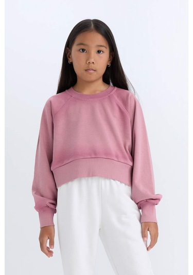 DeFacto Kız Çocuk Relax Fit Bisiklet Yaka Crop Basic Düz Sweatshirt D6994A824WNBR277 Bordo