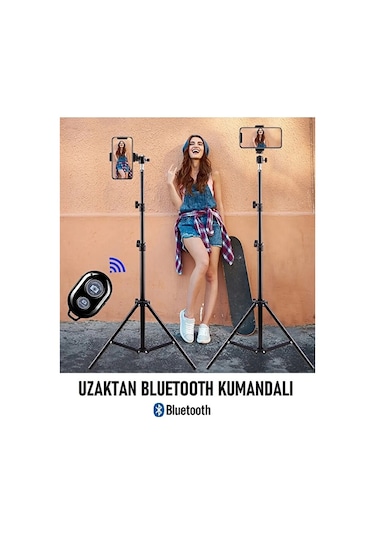 Bluetooth Kumandalı Tripod 2.1m Telefon Tutucu Selfie Çubuğu Ring