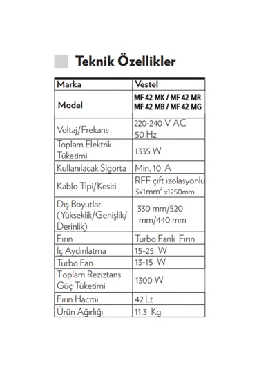 Vestel MF 42 MK 42 LT Mini Fırın