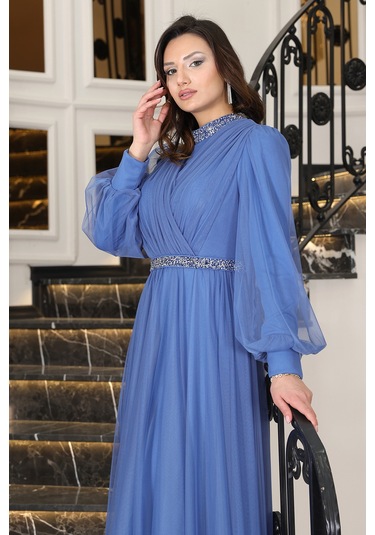 Senna Taş Detaylı Büyük Beden Şık Tesettür Abiye İndigo