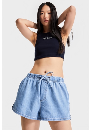 Itsbasic Kadın Mavi Renk 1s5-4 Mini Boy Bol Kesim Beli Lastikli %100 Koton Denim Şort