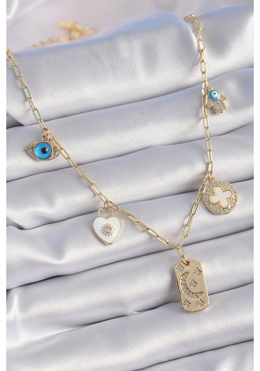 Gold Renk Zirkon Taşlı Çoklu Figür Model Şans Kolyesi - Ebj241012w28458 Bakır