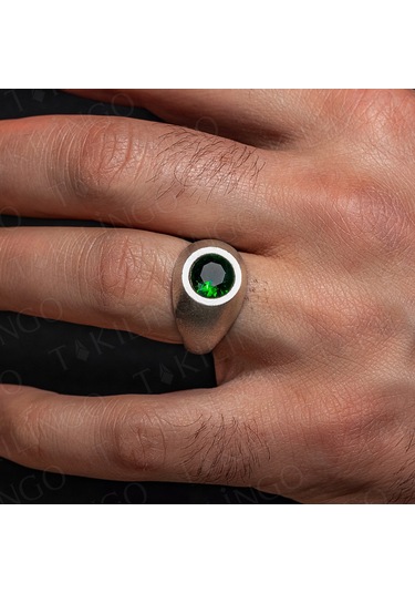 925 Ayar Gümüş Yuvarlak Yeşil Zirkon Taşlı Sade Erkek Yüzük Gümüş