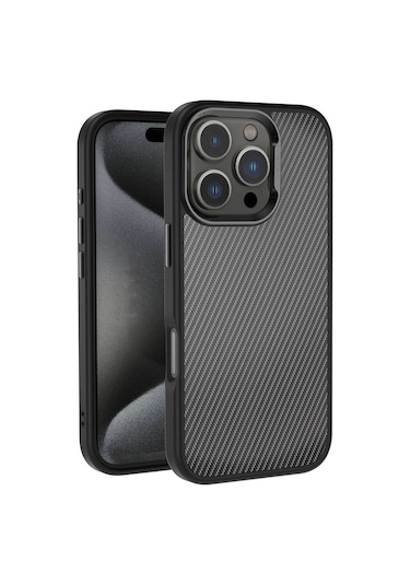 iPhone Uyumlu 16 Pro Max Kılıf Karbon Fiber Görünümlü Parlak Kamera Çerçeveli Redclick Venus Kapak - Siyah