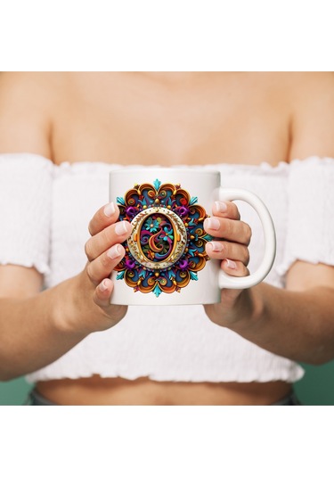 O Harfi Boho Bardak, Renkli Özel Tasarım Hediyelik Harfli Kupa, 330ml Porselen Beyaz