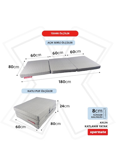 Xpermate Katlanır Yatak Yer Yatağı Misafir Yatağı 80x180x8 Gri