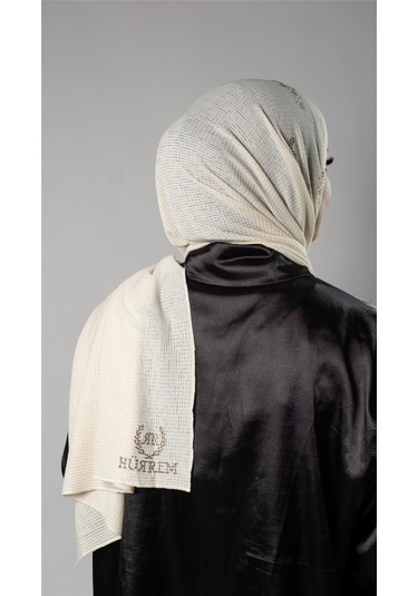 Krem Pratik Hazır Geçmeli Tesettür Şal Örme Kumaş Taşlı Çiçek Desenli 2118c 40