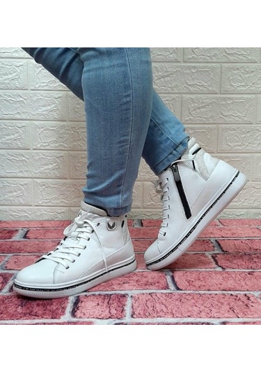 Voyager 8498 Beyaz Renk Hakiki Deri Kaymaz Taban Fermuarlı Bağaca