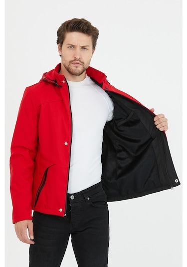 Mero Life Içi Kürklü Kapüşonlu Su Ve Rüzgar Geçirmez Softshell Erkek Mont Kırmızı