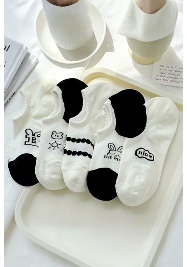 Kadın 5 Çift Premium Karikatür Ve Harf Desenli Yüksek Pamuklu Görünmez Babet Çorap Çok Renkli
