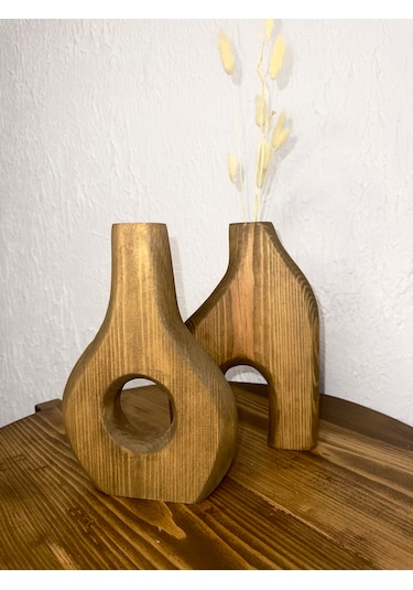 O&a Wood Doğal Ahşap Dekoratif Ikili Takım Biblo Vazo Koyu Meşe