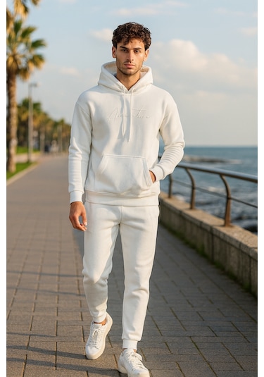 Oversize Ekru Renk Kapüşonlu Eşofman Takımı-1665 Ekru