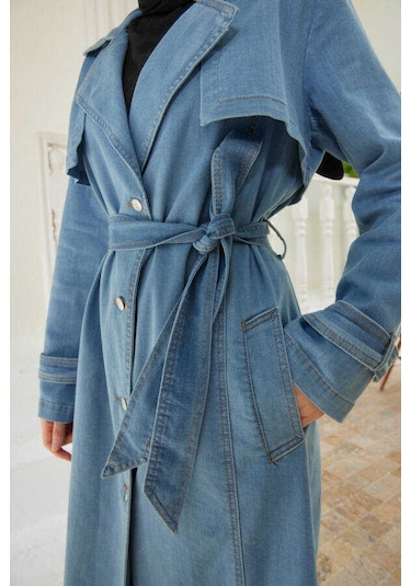 Neways 6458-Battal Allerli Denim Trençkot Mavi Mavi