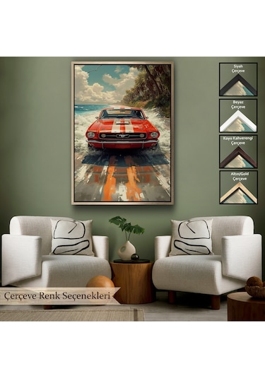 Ahşap Çerçeveli Kırmızı Mustang Tablo-7910