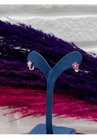 925 Ayar Gümüş Yıldızlı Pembe Mineli Zarif Kız Çocuk Küpesi Gümüş