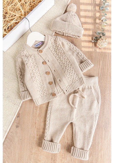 Babymod Bereli Triko Hırkalı Kışlık Erkek Bebek Takım Set Bej