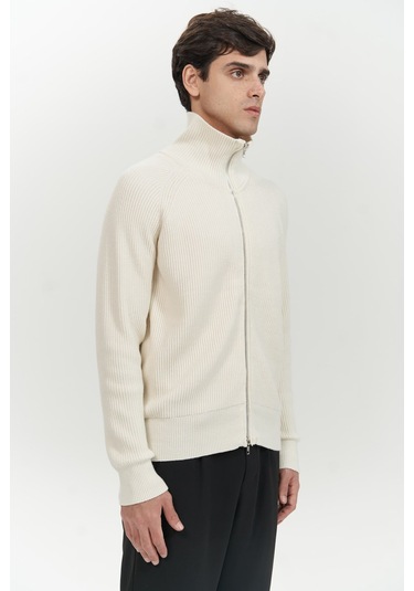 Brock Tam Fermuarlı Ekru Erkek Triko Kazak Ekru