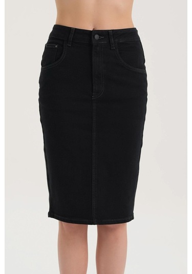 Cross Jeans  C 4990-005 Yüksek Bel Patı Fermuarlı Yırtmaçlı Esnek Kadın Jean Etek Siyah